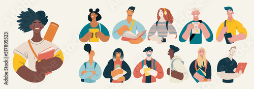 People portrait - Students -Modern flat vector concept illustration of a young male and female students, half-length portrait, user avatar. Creative landing web page template