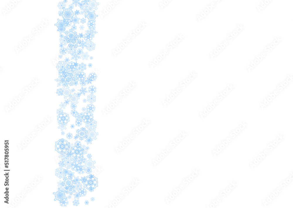 Obraz premium Winter frame with blue snowflakes for Christmas and New Year celebration. Horizontal winter frame on white background for banners, gift coupons, vouchers, ads, party events. Falling frosty snow.