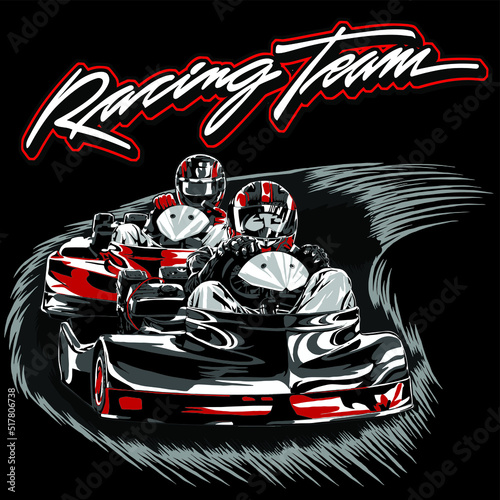 go-kart racing on black background for poster, t-shirt print, business element, social media content, blog, sticker, vlog, and card. vector illustration. photo