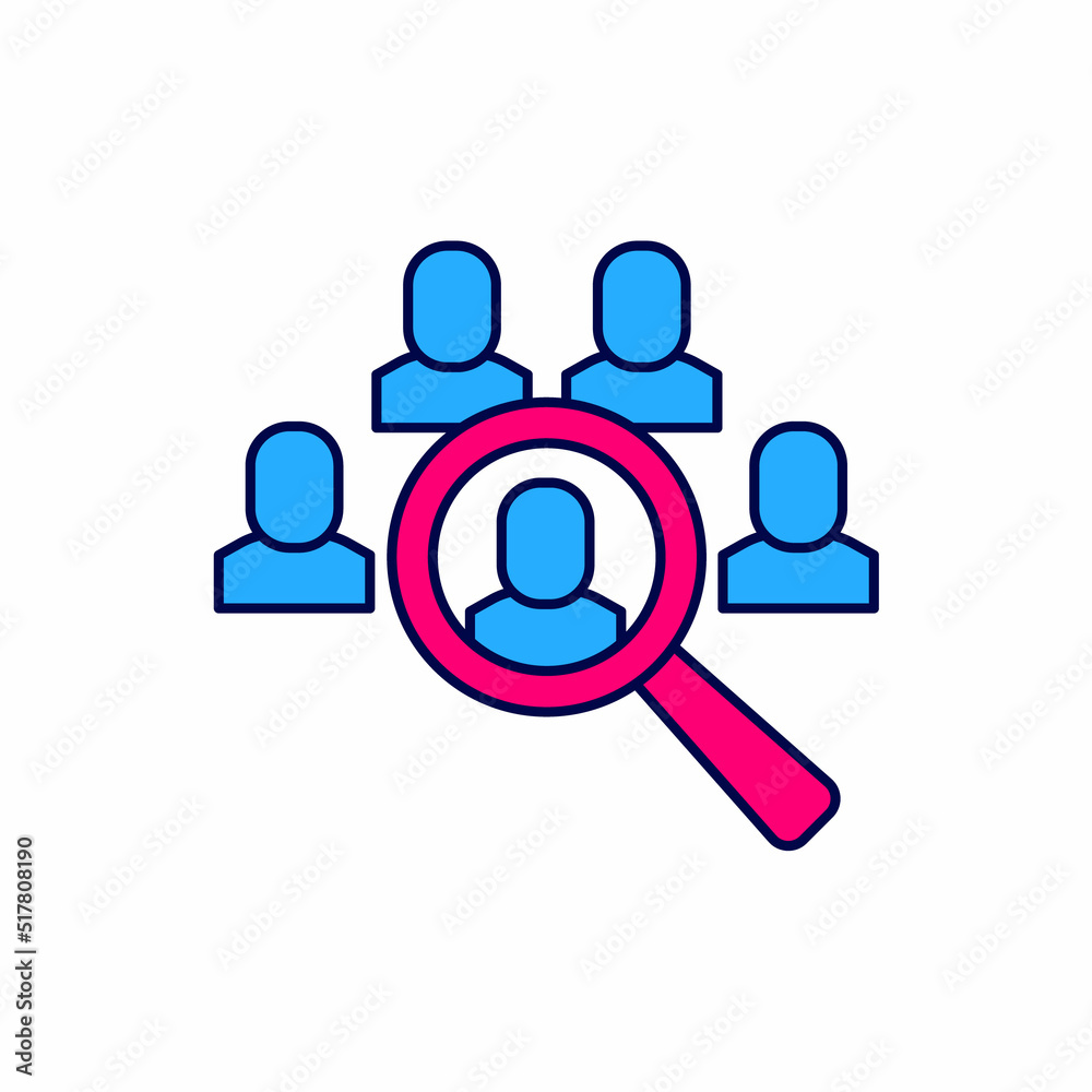 Filled outline Magnifying glass for search job icon isolated on white background. Recruitment or selection concept. Search for employees and job. Vector Filled outline Magnifying glass for search job icon isolated on white background. Recruitment or selection concept. Search for employees and job. Vector