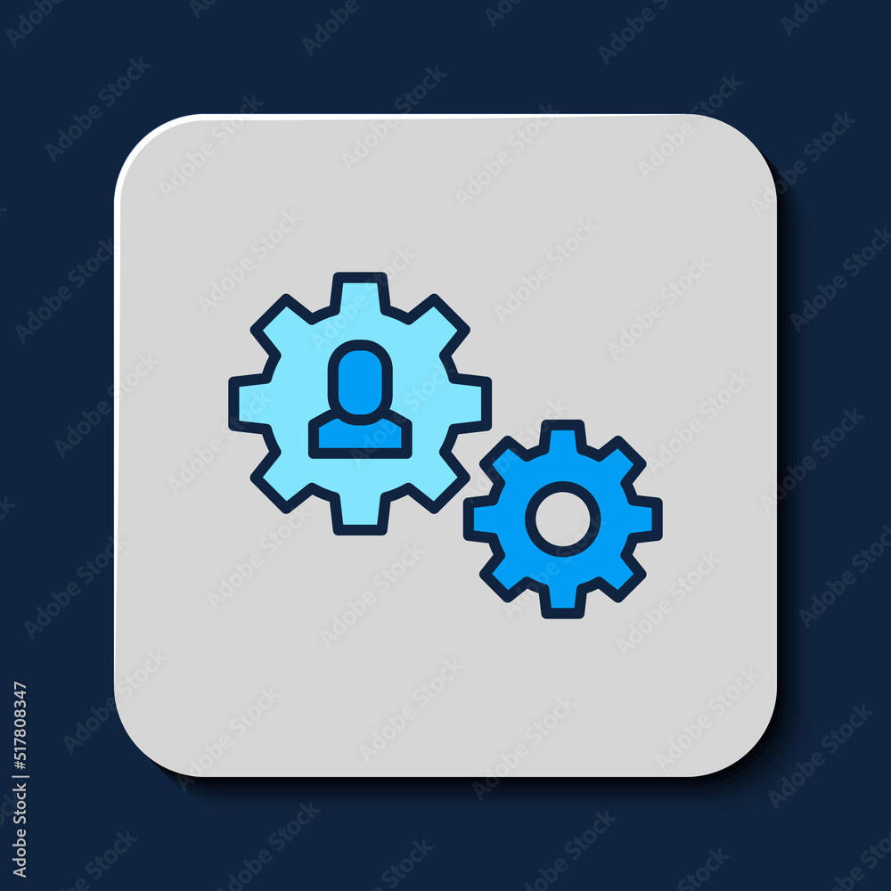 Filled outline Human with gear icon isolated on blue background. Artificial intelligence. Thinking brain sign. Symbol work of brain. Vector Filled outline Human with gear icon isolated on blue background. Artificial intelligence. Thinking brain sign. Symbol work of brain. Vector