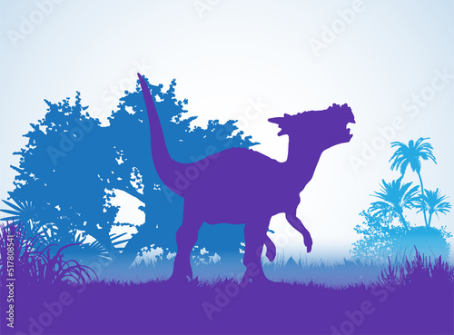 Dracorex Dinosaurs silhouettes in prehistoric environment overlapping layers; decorative background banner abstract vector illustration photo