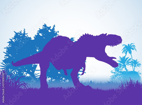 Платно Gorgosaurus Dinosaurs silhouettes in prehistoric environment overlapping layers