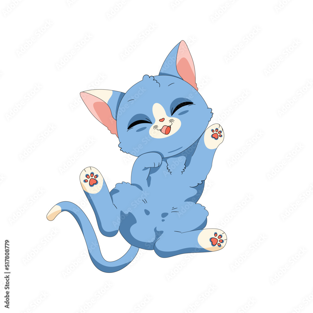 Ręcznie rysowany uroczy mały kotek w niebieskim kolorze. Wektorowa ilustracja zadowolonego, rozbawionego kota. Słodki, zabawny zwierzak. Obrazki dla dzieci. - obrazy, fototapety, plakaty 