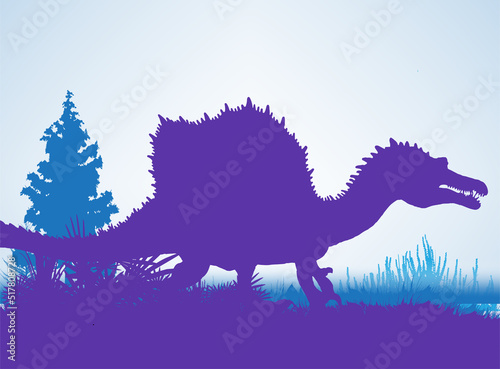 Spinosaurus Dinosaurs silhouettes in prehistoric environment overlapping layers; decorative background banner abstract vector illustration