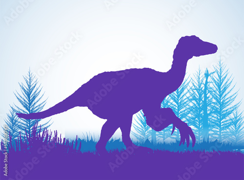 Therizinosaurus Dinosaurs silhouettes in prehistoric environment overlapping layers  decorative background banner abstract vector illustration