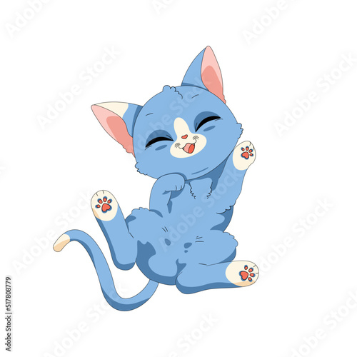 Ręcznie rysowany uroczy mały kotek w niebieskim kolorze. Wektorowa ilustracja zadowolonego, rozbawionego kota. Słodki, zabawny zwierzak. Obrazki dla dzieci.