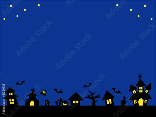 ハロウィンの日、夜の街並みのイラスト。