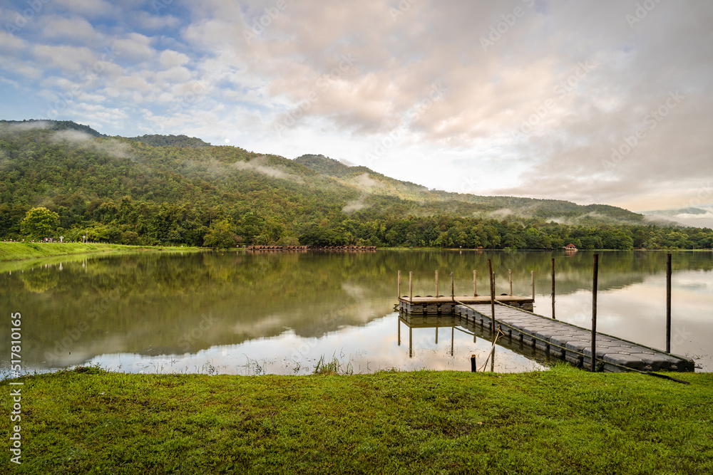 View of popular Huay Tung Tao lake in Chiang Mai, Thailand on an early morning during rainny season