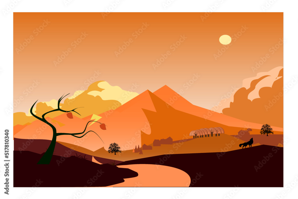 Panoramic autumn landscape with lush trees, fallen leaves orange foliage in a rural village. Vector illustration.