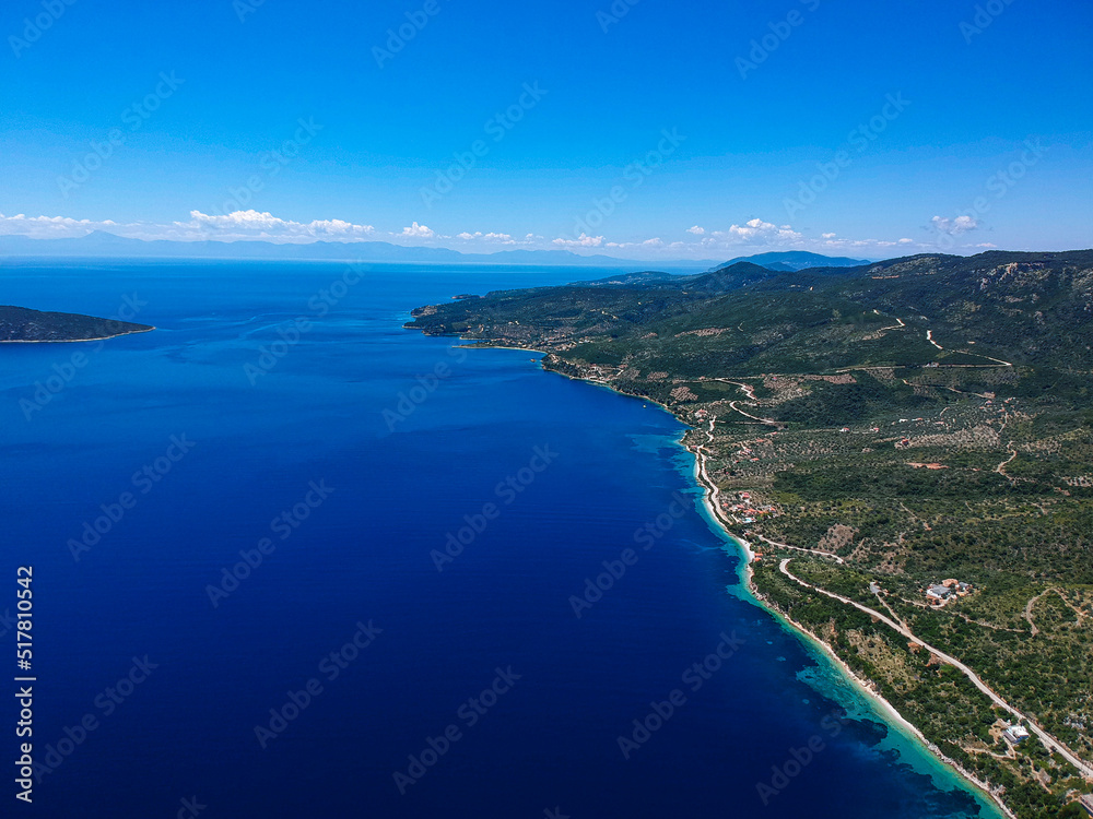 Aerial panoramic view of Alonissos island located close to Agios Dimitrios beach in Greece