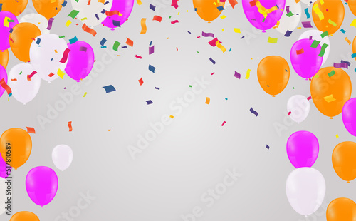 Balloons birthday. Happy congratulation celebrating anniversary luxury party shiny purple orange balloon banner poster