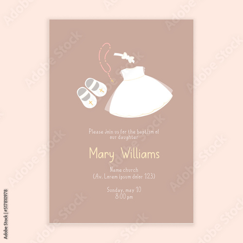 Brown and Rose Cute Baptism Invitation for Girls Template 
