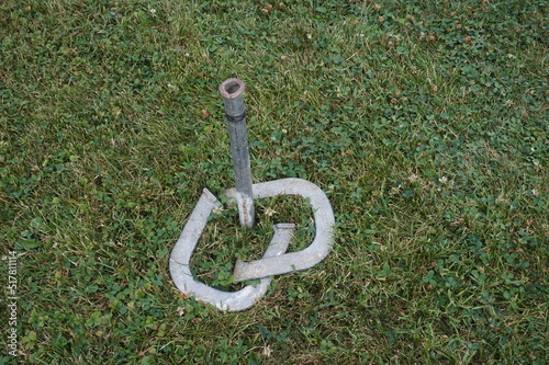 Two Horshoes Around Metal Stake on Green Lawn