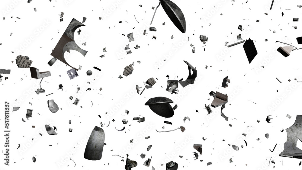space debris in Earth orbit, dangerous trash isolated on white background