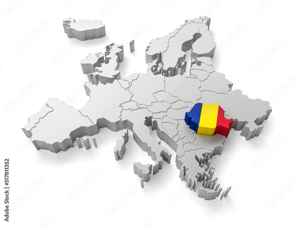 europe map with Romania country flag in 3d render Stock Illustration ...