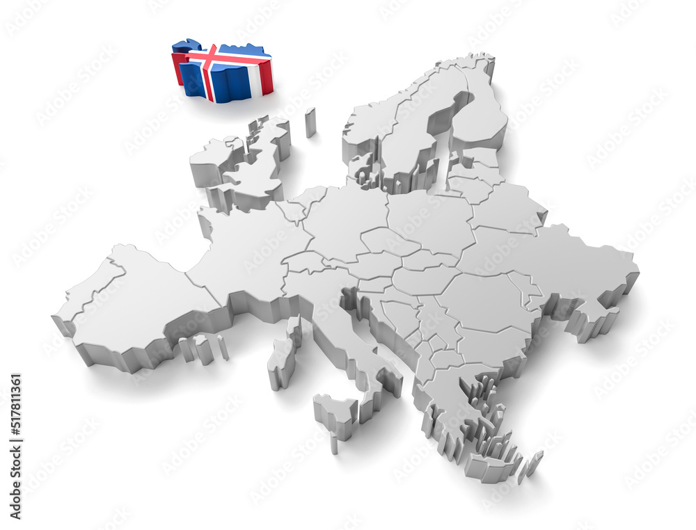 europe map with Iceland Republic country flag in 3d render