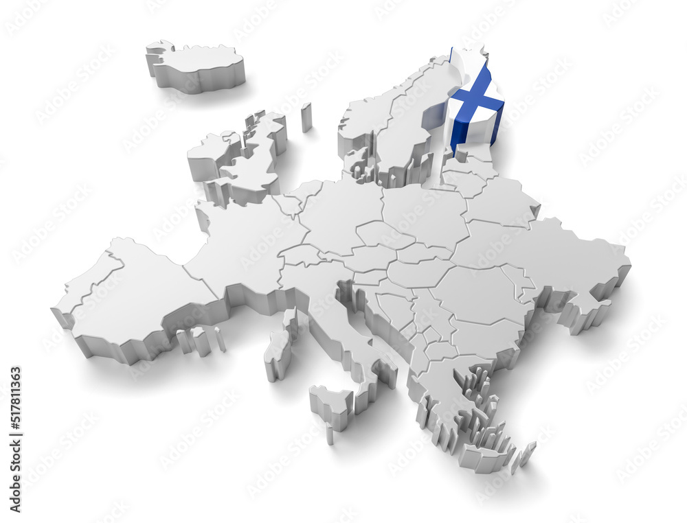 europe map with Finland country flag in 3d render