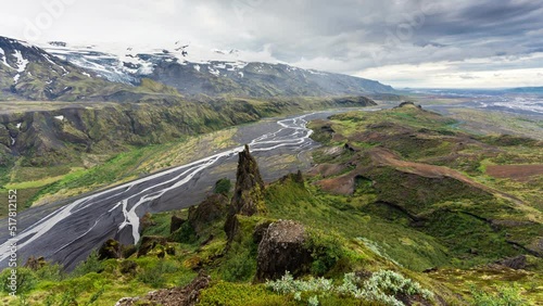 Landscape of Valahnúkur viewpoint hiking trail with mountain valley and river flowing through in icelandic highlands at Thórsmörk, Iceland photo