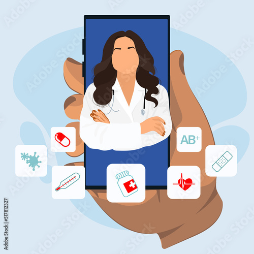 The doctor is on the phone Call a doctor Online doctor s consultation. Laboratory analyzes online View videos or video chat with the doctor Vector illustration