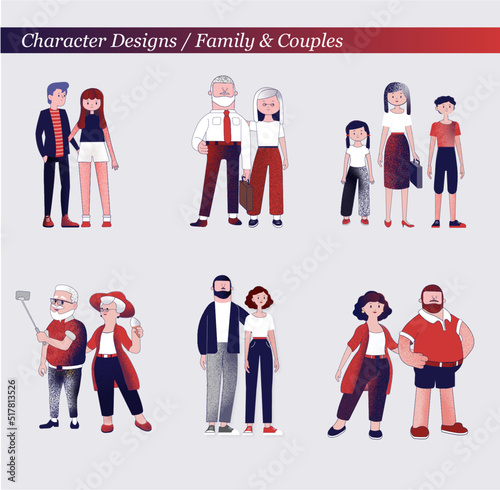 Flat vector 2D  illustrations of families and couples in limited color palette of red, navy and white