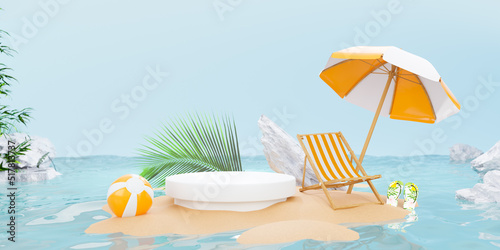 summer background 3d product display platform scene with surfboard platform. sky cloud summer background 3d render on the ocean display. podium on sand beach cosmetic product display stand