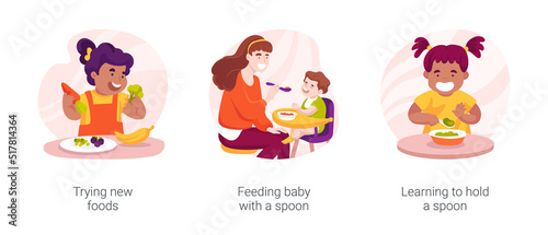 Infant eating habits and skills isolated cartoon vector illustration set