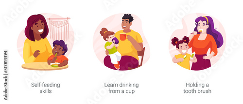 Infant self-care skills isolated cartoon vector illustration set