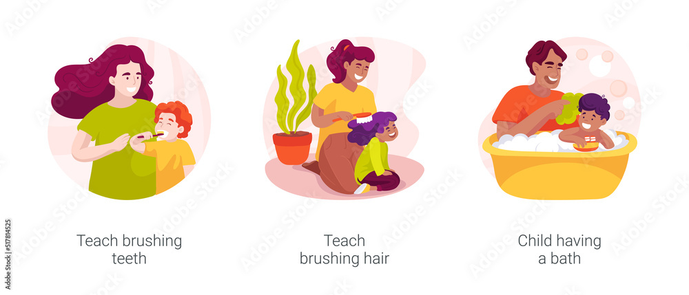 Personal hygiene and self-care skills at home isolated cartoon vector illustration set