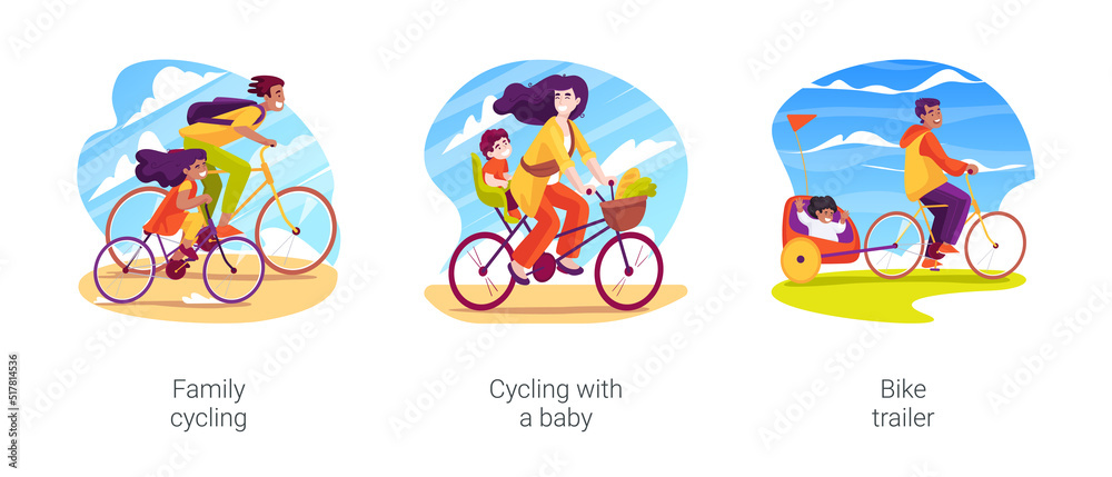 Fototapeta premium Family cycling isolated cartoon vector illustration set