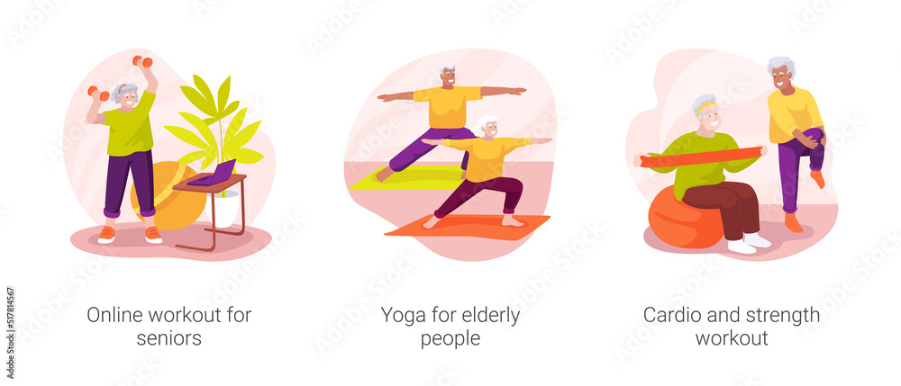 Fitness for seniors isolated cartoon vector illustration set