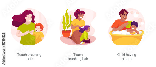 Personal hygiene and self-care skills at home isolated cartoon vector illustration set
