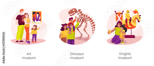 Family museum visit isolated cartoon vector illustration set