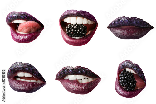 Set of beautiful female lips with creative makeup and blackberry on white background