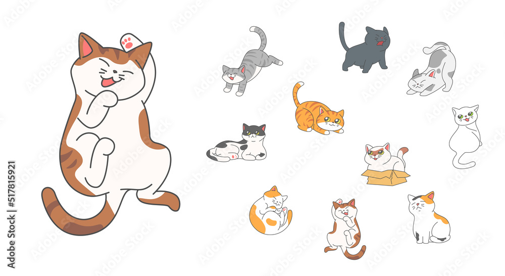 Fototapeta premium Set of cute funny cats activity such as hiding in the box, hissing, jumping, sleeping etc.