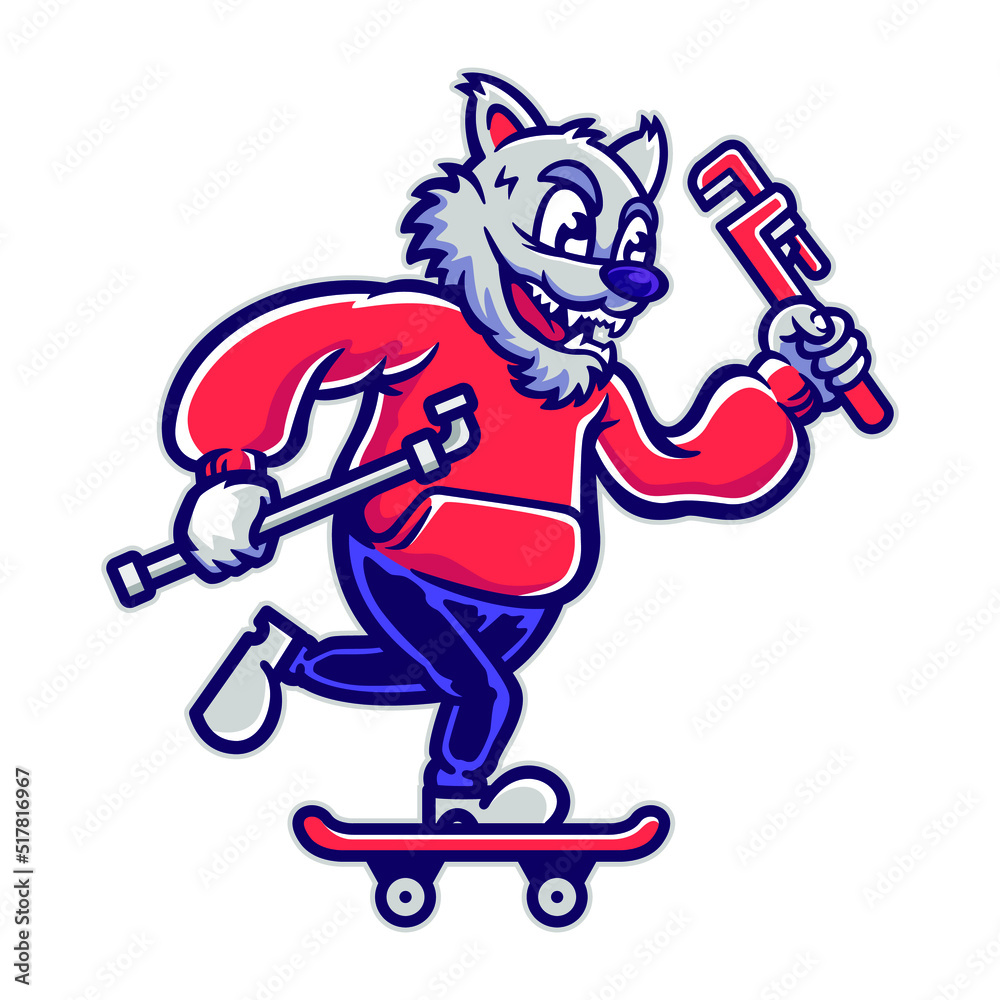Fototapeta premium illustration of skate wolf bringing pipe and wrench