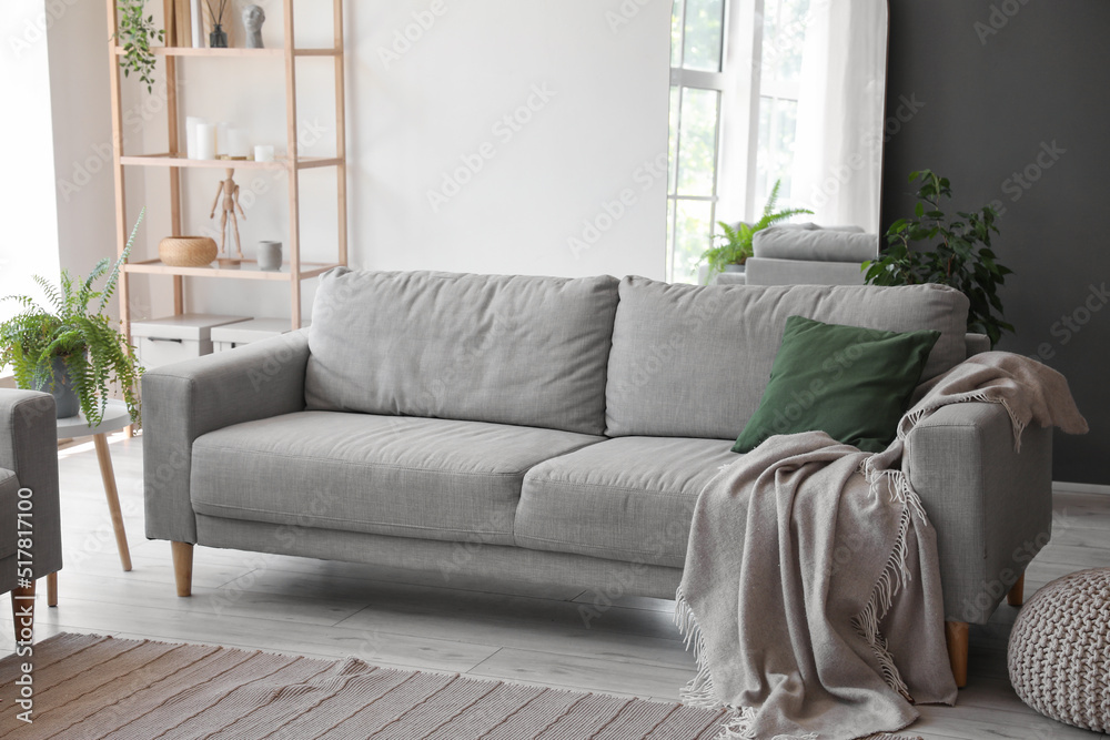Grey sofa with cushion and plaid in modern living room Grey sofa with cushion and plaid in modern living room