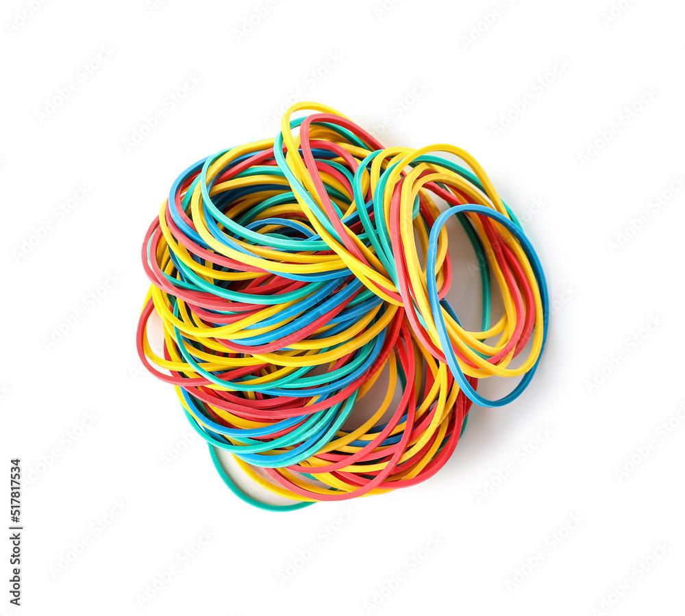 Different rubber bands on white background