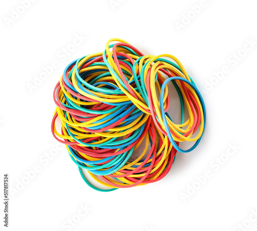 Different rubber bands on white background