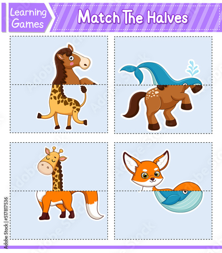 Match The Halves Of Animals. Matching Game For Kids. Education Developing Worksheet. Vector Illustration. Cute Character Cartoon Style © eakdesign