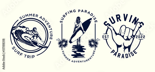 vintage surfing monochrome logo set