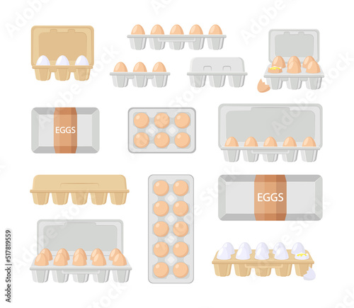 Front and top view of eggs in boxes vector illustrations set. Fresh chicken eggs in open and closed cardboard containers with label isolated on white background. Agriculture, farming, food concept