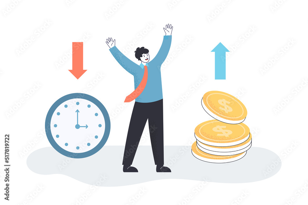 Happy businessman earning money for hours worked. Profit, success, management flat vector illustration. Business and time management concept for banner, website design or landing web page