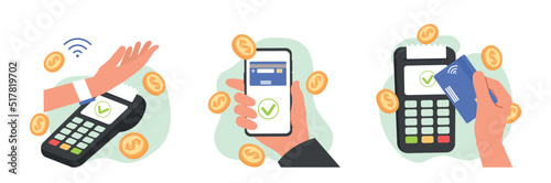 Contactless payment set. Collection of images with hands holding bank card to terminal. Modern technologies and cashless transfers. Cartoon flat vector illustrations isolated on white background