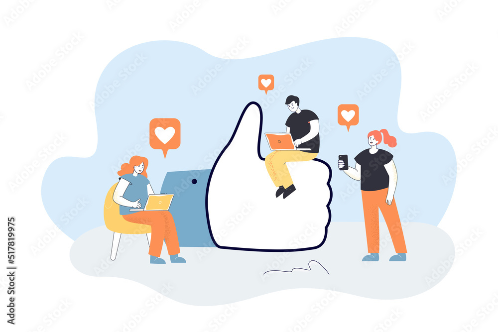 Tiny people getting or clicking likes on their devices. Man and women using social networks on laptops and smartphone at thumb up sign flat vector illustration. Social networking concept for banner - obrazy, fototapety, plakaty 