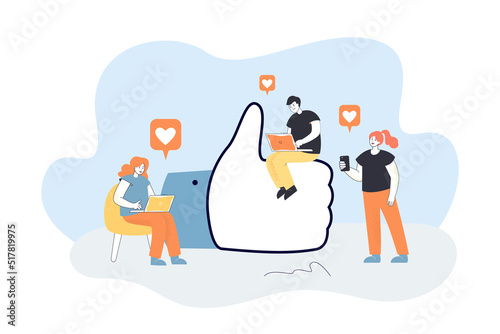 Tiny people getting or clicking likes on their devices. Man and women using social networks on laptops and smartphone at thumb up sign flat vector illustration. Social networking concept for banner