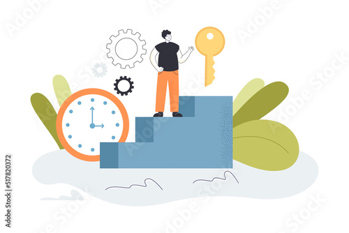 Man climbing stairs for clue or solution. Businessman standing on ladder of success achieving promotion flat vector illustration. Success and career concept for banner, website design