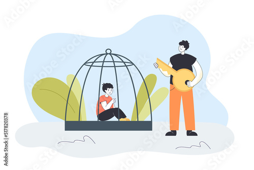 Father locking teenage son in cage. Authoritarian man punishing child with home detention flat vector illustration. Domestic violence, family problems concept for banner, website design 