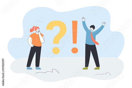 Tiny man and woman standing at question and exclamatory marks. Girl asking question and businessman having answer flat vector illustration. Faqs concept for banner, website design or landing web page