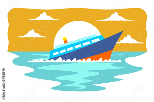 Ship Accident. Shipwreck of cargo ship. Vessel sinking in ocean. Cruise Accident











